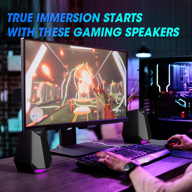 BESTISAN Computer Gaming Speakers for Desktop PC - 30W Powered Monitor Speakers with Bluetooth/AUX/Type-C Connections, 6 Colorful Lights, Compatible with Monitor, Gaming Setup & Laptop - Image 2