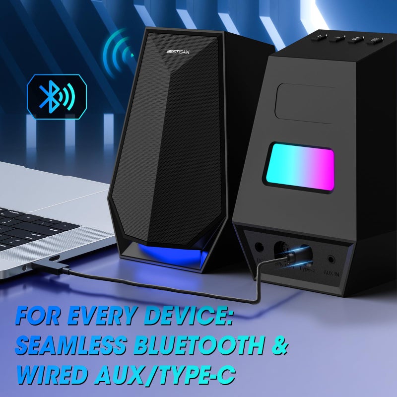 BESTISAN Computer Gaming Speakers for Desktop PC - 30W Powered Monitor Speakers with Bluetooth/AUX/Type-C Connections, 6 Colorful Lights, Compatible with Monitor, Gaming Setup & Laptop - Image 3