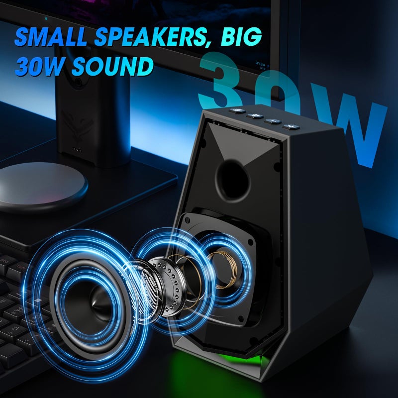 BESTISAN Computer Gaming Speakers for Desktop PC - 30W Powered Monitor Speakers with Bluetooth/AUX/Type-C Connections, 6 Colorful Lights, Compatible with Monitor, Gaming Setup & Laptop - Image 5