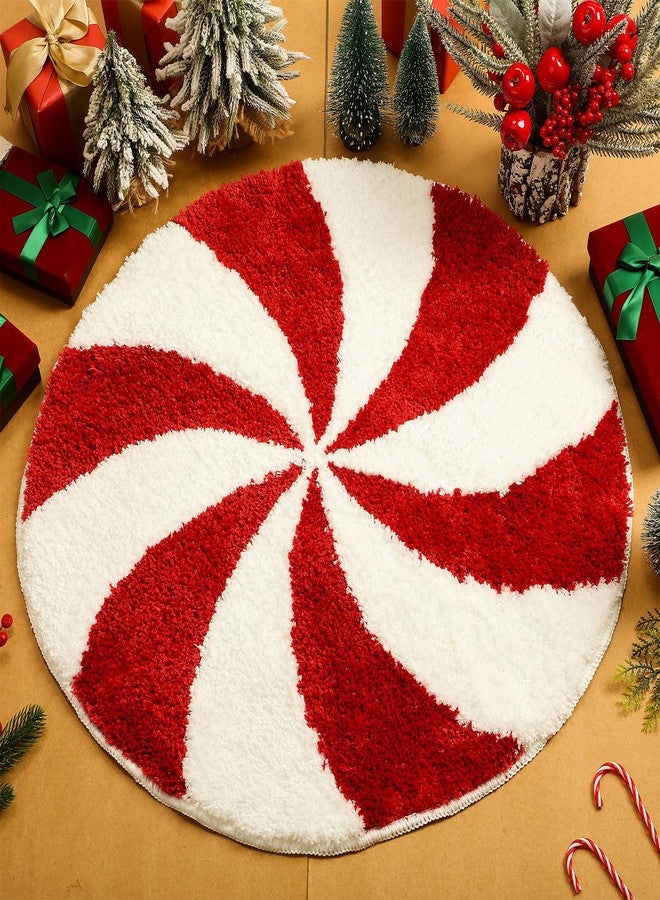 Drydiet Christmas Bathroom Rugs 25 Inch Washable Round Bath Mats Winter Red White Candy Bath Mats Area Non Slip Absorbent Carpets Doormat with Backing for Tub Living Dining Holiday Bedroom Nursery - Image 1
