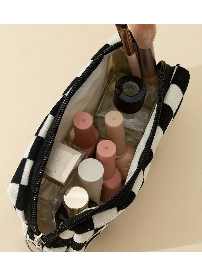 ORiTi Black And White Checkered Makeup Bag, Travel Zipper Cosmetic Pouch, Toiletry Organizer For Women And Girls - Image 4