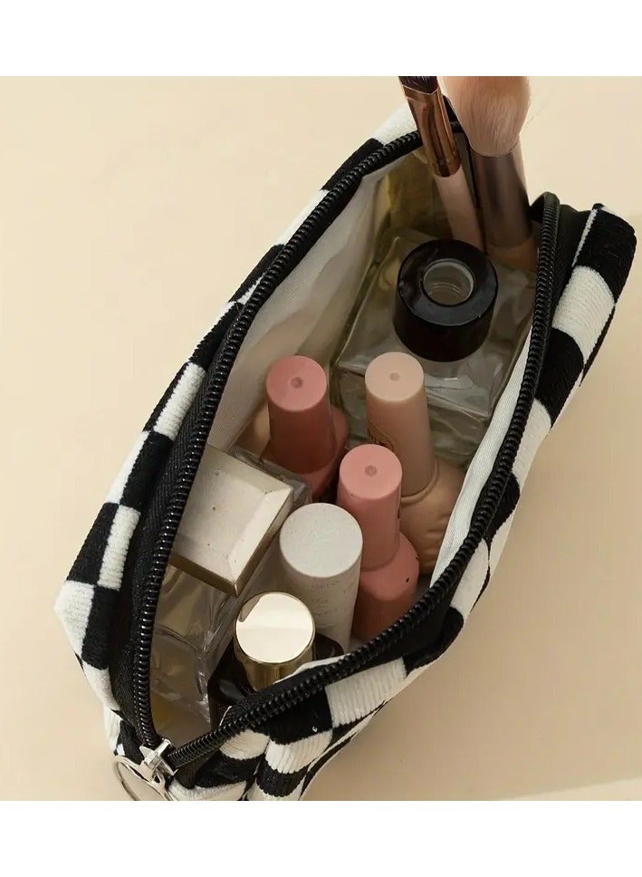 ORiTi Black And White Checkered Makeup Bag, Travel Zipper Cosmetic Pouch, Toiletry Organizer For Women And Girls - Image 2