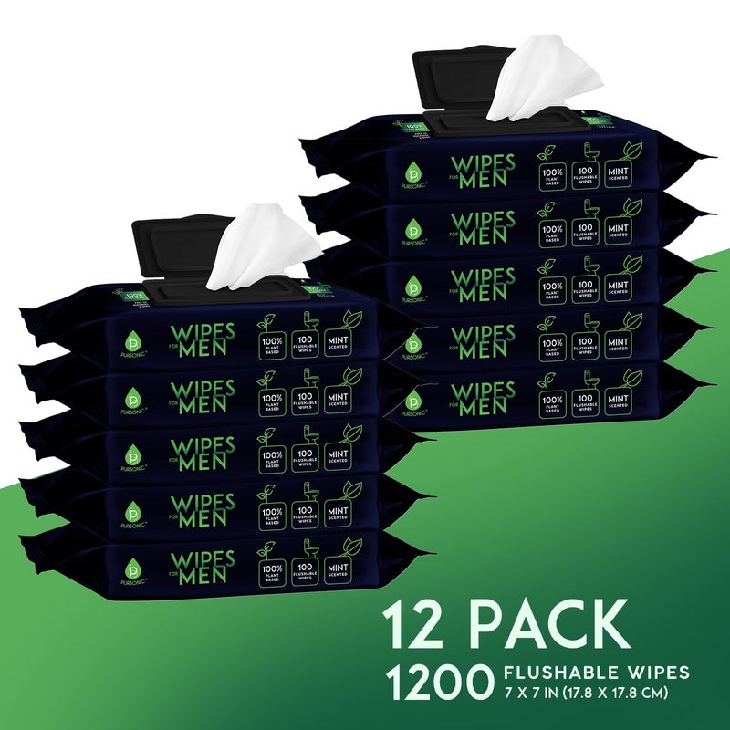 Pursonic Soft Mint Scented Flushable Wipes for Men - 12 Pack (1200) Plant Based Face and Body Wipes with Aloe Vera & Vitamin E - Extra Large Wipes for Gentle & Thorough Cleansing - Image 2