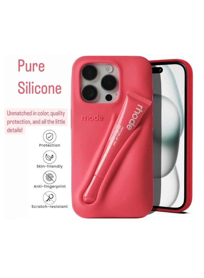 رود حافظة هاتف ملمع للشفاه مع لون الشفاه، حافظة هاتف iPhone من السيليكون السائل لحماية الكاميرا، أحمر شفاه ملمع للشفاه، حافظة هاتف لهاتف iPhone 12 Pro Max (توت) - Image 4