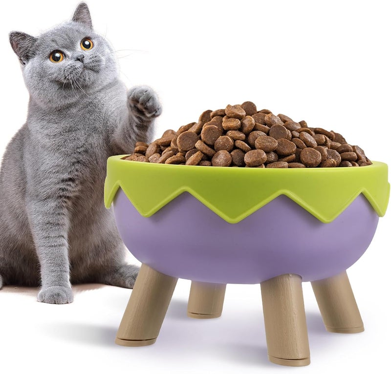 Uonlytech Elevated Pet Bowl Raised Cat Food Bowl with Non-Slip Base Tilted Small Dog Food Dish for Kittens and Flat-Faced Cats in Purple Green Eggshell Color - Image 1
