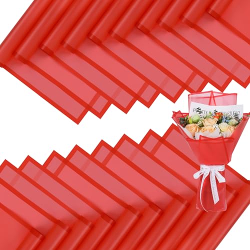FUHITIM 20 Sheets Flower Wrapping Paper - Waterproof Floral Bouquet Packaging Paper for DIY Crafts，Florist Supplies Packaging Paper for Wedding Birthday Gift (Translucent Red) - Image 1