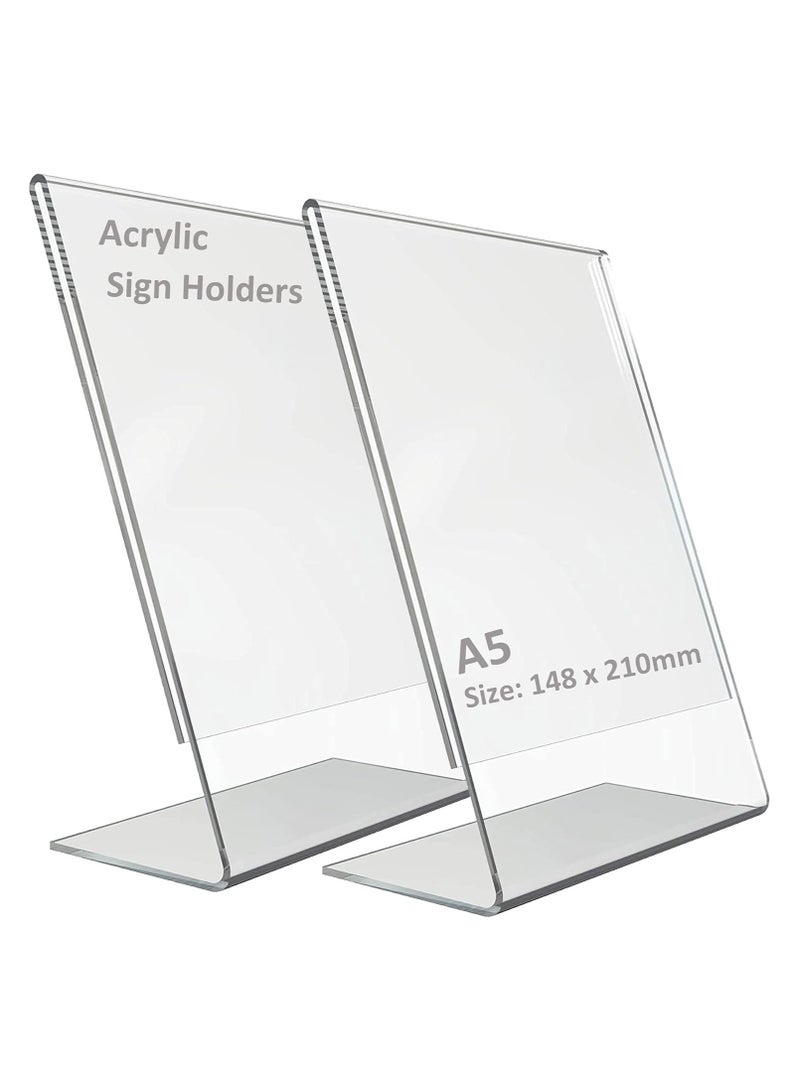 TPGP Acrylic Sign Holders A5, Plastic Display Stands A5 Acrylic L-Shaped Base Menu Holders for Tables, Poster Counter Leaflet Sign Stands for Restaurant, Hotel, Office, Shop, Stall, 2 Pack - Image 1