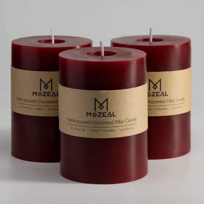 MOZEAL 3 x 4 HandPoured Unscented CandleDripless Pillar Candle Set of 3Long Clean BurningApprox 72 Hours Burn TimeRustic Country StyleWeddingDinnerChristmas and Home DecorDark Red