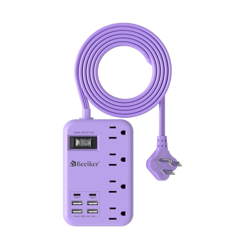 Beeiker 6 USB(2 USB C) Purple Travel Power Strip- 5Ft Lavender Extension Cord with 24W USB Charging Station and 4 Outlets, Purple Desk Accessories with Surge Protector for Cute Kawaii Office Dorm Room - Image 1