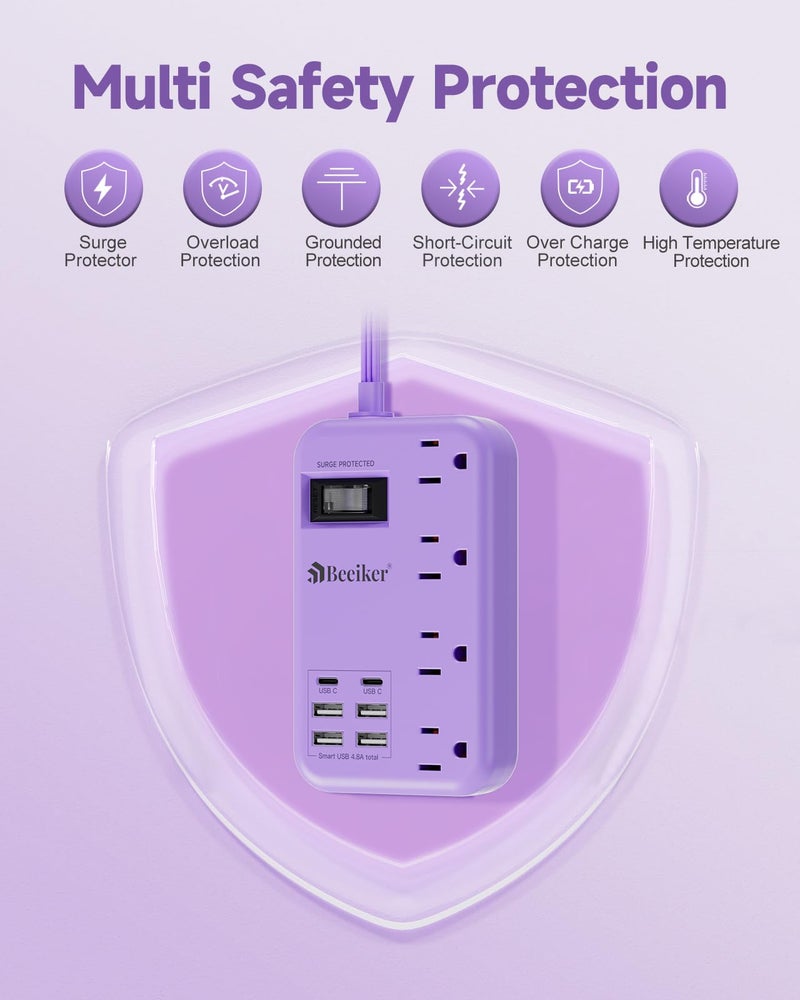 Beeiker 6 USB(2 USB C) Purple Travel Power Strip- 5Ft Lavender Extension Cord with 24W USB Charging Station and 4 Outlets, Purple Desk Accessories with Surge Protector for Cute Kawaii Office Dorm Room - Image 5