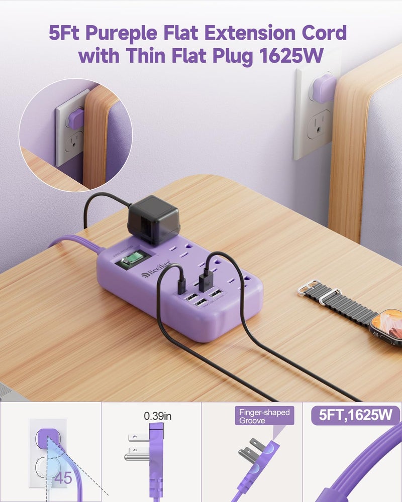 Beeiker 6 USB(2 USB C) Purple Travel Power Strip- 5Ft Lavender Extension Cord with 24W USB Charging Station and 4 Outlets, Purple Desk Accessories with Surge Protector for Cute Kawaii Office Dorm Room - Image 4