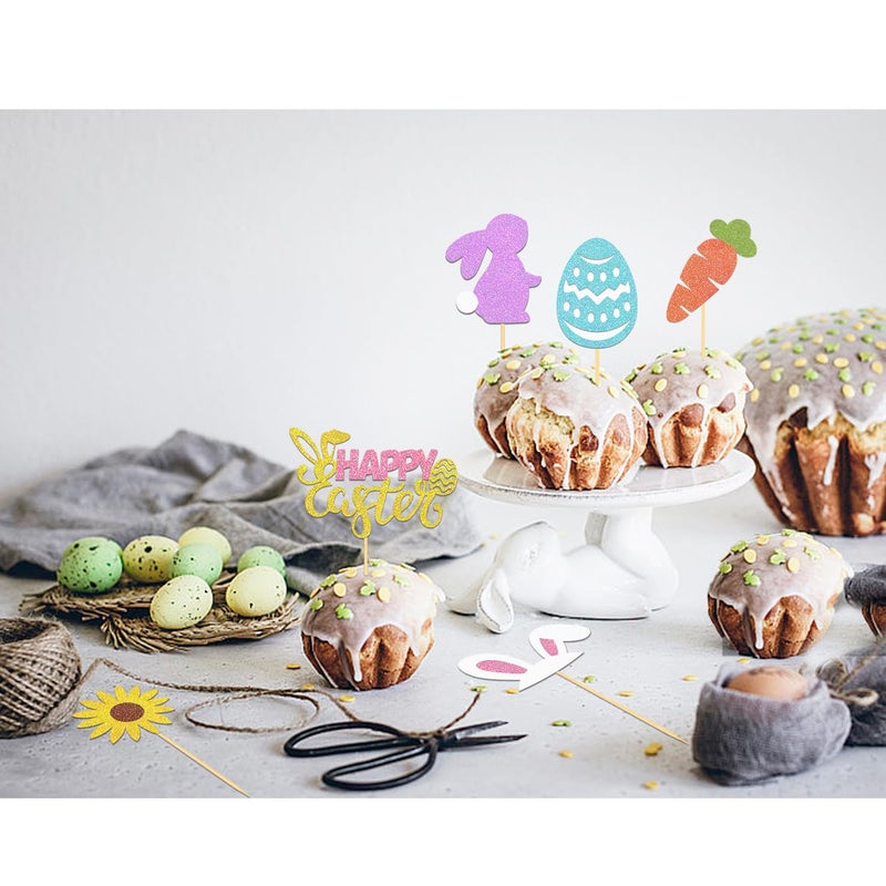 Moitkptt 24pc Happy Easter Cupcake Toppers - Bunny & Rabbit Cake Toppers  Egg Cupcake Picks for Easter Day Theme Party Decorations - Image 4