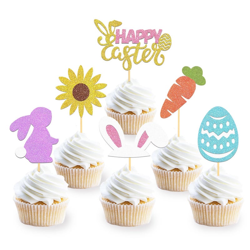 Moitkptt 24pc Happy Easter Cupcake Toppers - Bunny & Rabbit Cake Toppers  Egg Cupcake Picks for Easter Day Theme Party Decorations - Image 1