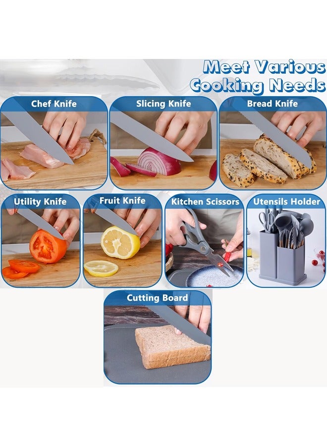 Arabest Non-Stick Cooking Utensils Set 19 Pcs Kitchen Utensils Set Silicone Cooking Tools with Stainless Steel Knives Silicone Cooking Utensils with Holder (Grey) - Image 4