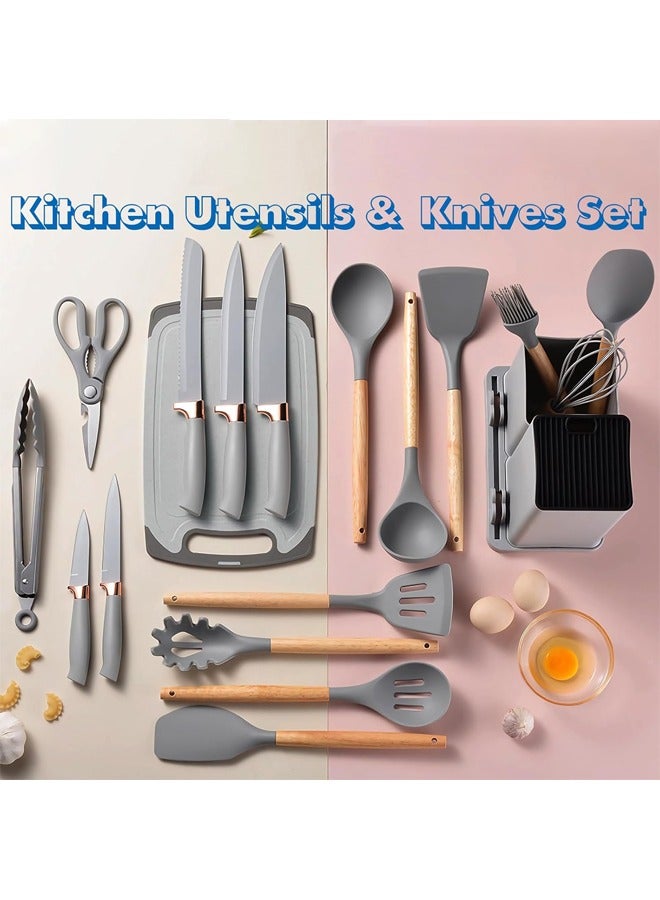 Arabest Non-Stick Cooking Utensils Set 19 Pcs Kitchen Utensils Set Silicone Cooking Tools with Stainless Steel Knives Silicone Cooking Utensils with Holder (Grey) - Image 2