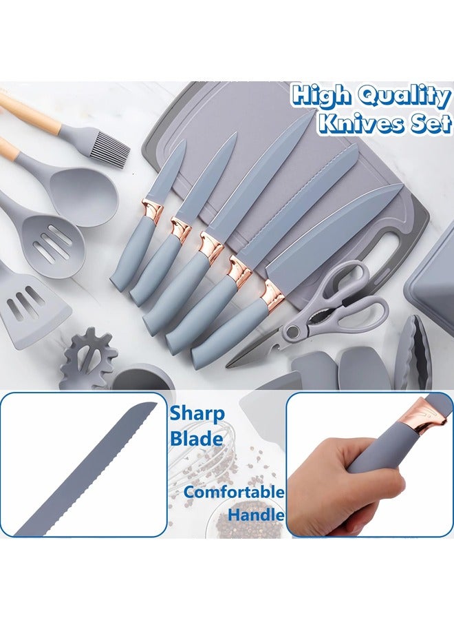 Arabest Non-Stick Cooking Utensils Set 19 Pcs Kitchen Utensils Set Silicone Cooking Tools with Stainless Steel Knives Silicone Cooking Utensils with Holder (Grey) - Image 3