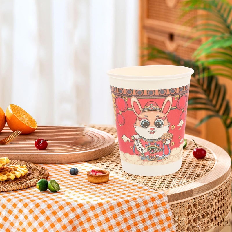 50 قطعة من أكواب الورق السميكة القابلة للاستخدام مرة واحدة للاحتفال بعام الأرنب الجديد، درجة غذاء. - Image 3