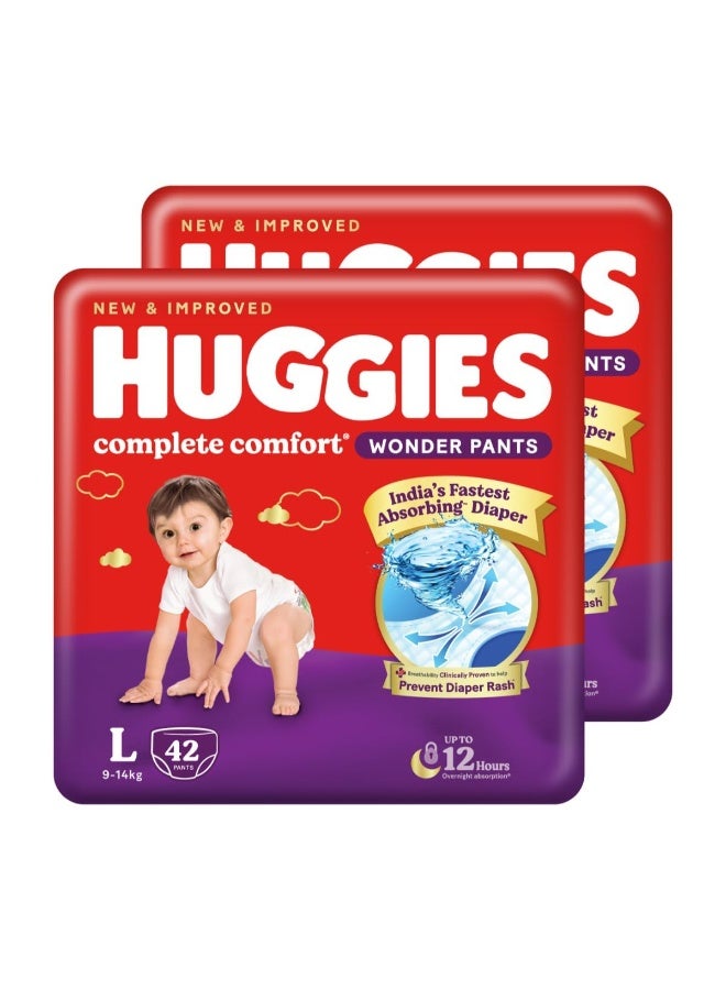 Huggies Complete Comfort Wonder Pants | Pant Style Baby Diapers Large Size (L), 84 Count | India's Fastest Absorbing Diaper, Prevents Diaper Rash, Ideal for 9 to 14 Kgs (42 Count, Pack of 2)