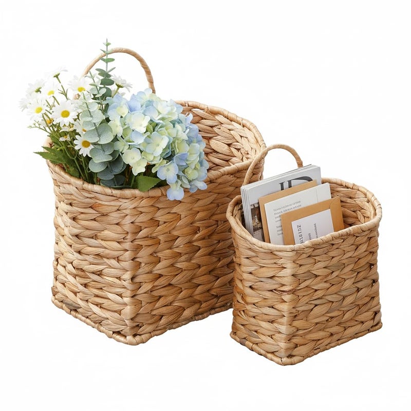 Coeusy Wicker Hanging Basket,Woven Hanging Wall Basket for Organizing and Decor,Natural Water Hyacinth Wall Mounted Storage Baskets for Farmhouse Home,Door,Entryway,Flower,Mail,Plant,Set of 2 - Image 1
