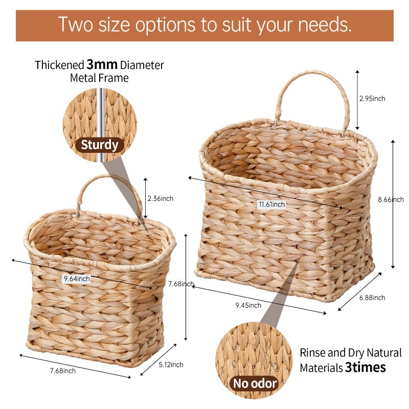 Coeusy Wicker Hanging Basket,Woven Hanging Wall Basket for Organizing and Decor,Natural Water Hyacinth Wall Mounted Storage Baskets for Farmhouse Home,Door,Entryway,Flower,Mail,Plant,Set of 2 - Image 4