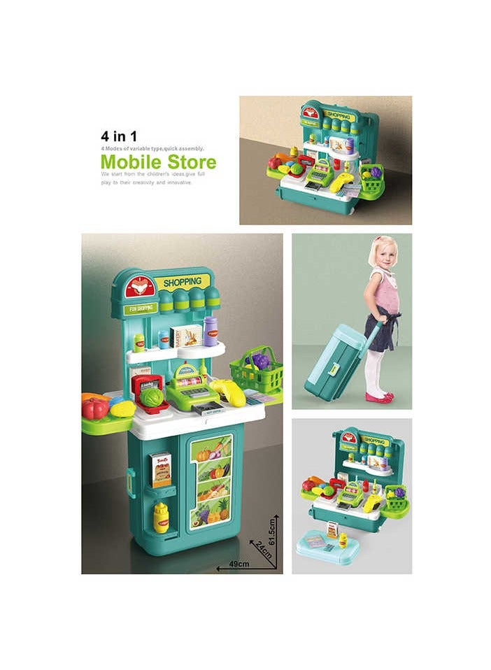 Toy Set 4 in 1 Travel Suitcase Mobile Supermarket Shop Kit Cash Register Food Fruit Vegetable 43PCS Role Play Accessories Gift for Boys Girls - Image 4