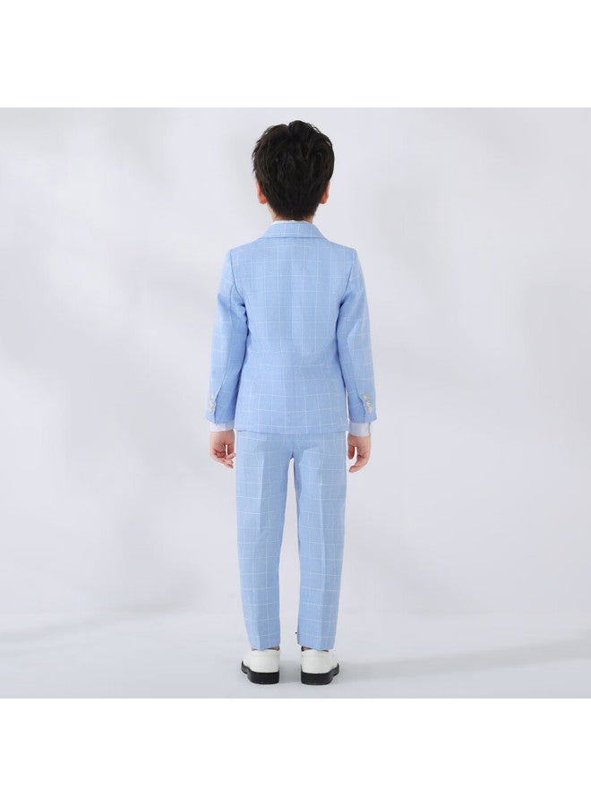 Luobobeibei Children's Suit, Boys' Formal Wear, Spring And Autumn Plaid Suit, Flower Boy Birthday Outfit Set, Blue Four-piece Set, Size 130 - Image 5
