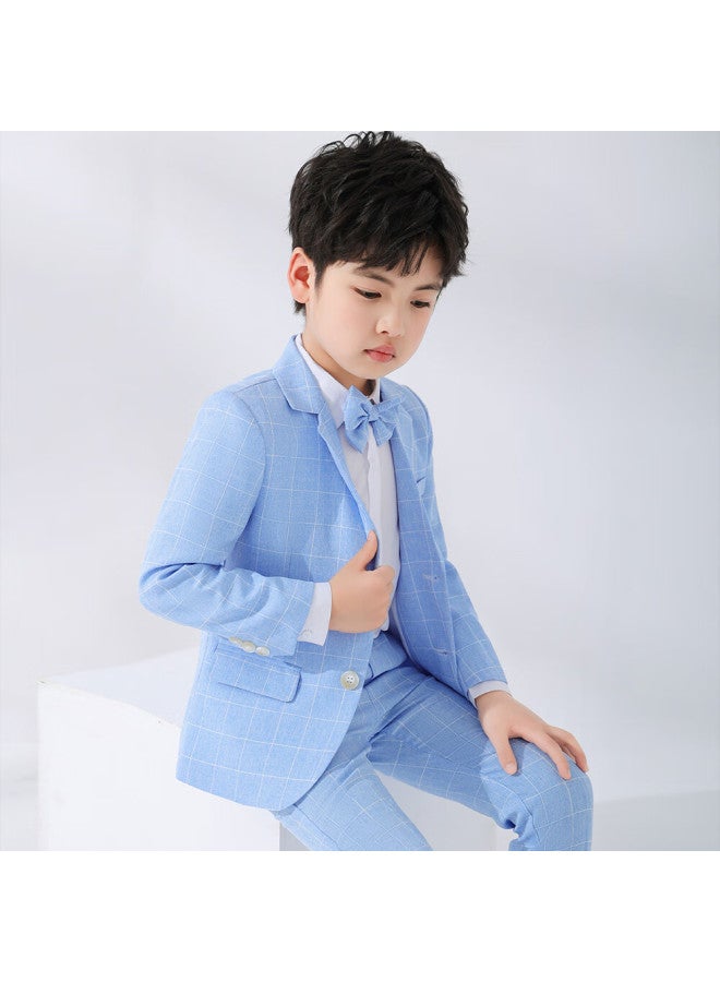 Luobobeibei Children's Suit, Boys' Formal Wear, Spring And Autumn Plaid Suit, Flower Boy Birthday Outfit Set, Blue Four-piece Set, Size 130 - Image 3