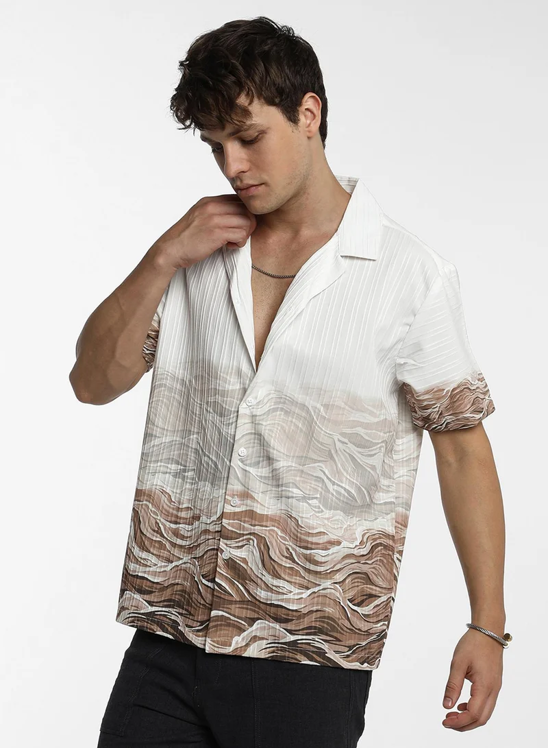 Campus Sutra Men's Ivory White & Tan Brown Desert Ombre Shirt