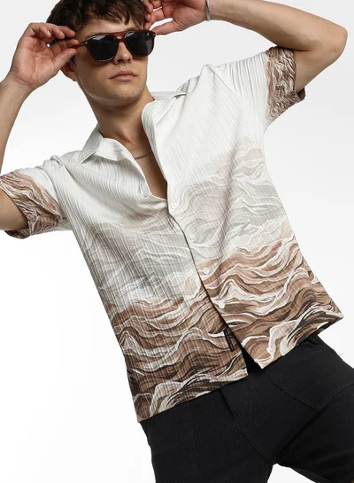 Campus Sutra Men's Ivory White & Tan Brown Desert Ombre Shirt