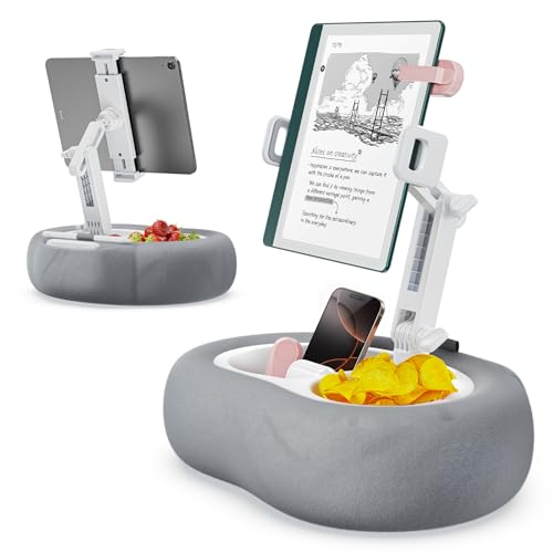 TAZENI Tablet Kindle Pillow Stand Holder with 2 Trays Fit 413 PhoneTabletKindle iPad Holder Stand for Bed with Soft Plus Fabric Reading Accessories Gift for Reading Gray - Image 1