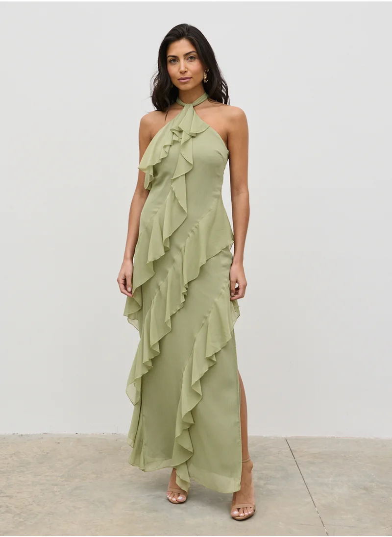 بريتي لافيش Halterneck Ruffle Maxi Dress