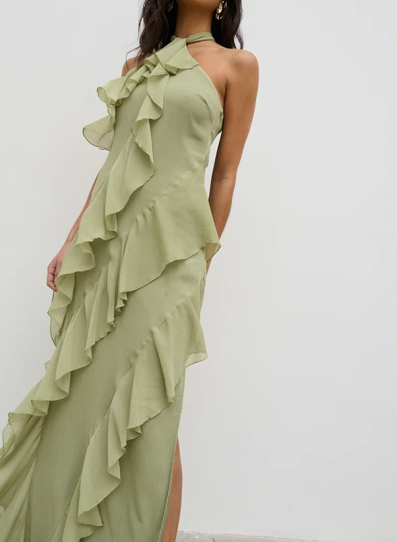 PRETTY LAVISH Ruffled Halter Maxi Dress