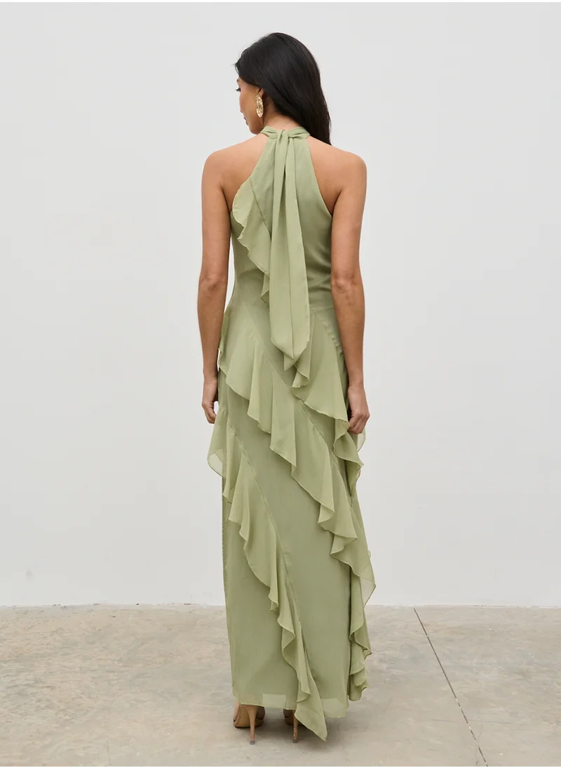 بريتي لافيش Halterneck Ruffle Maxi Dress