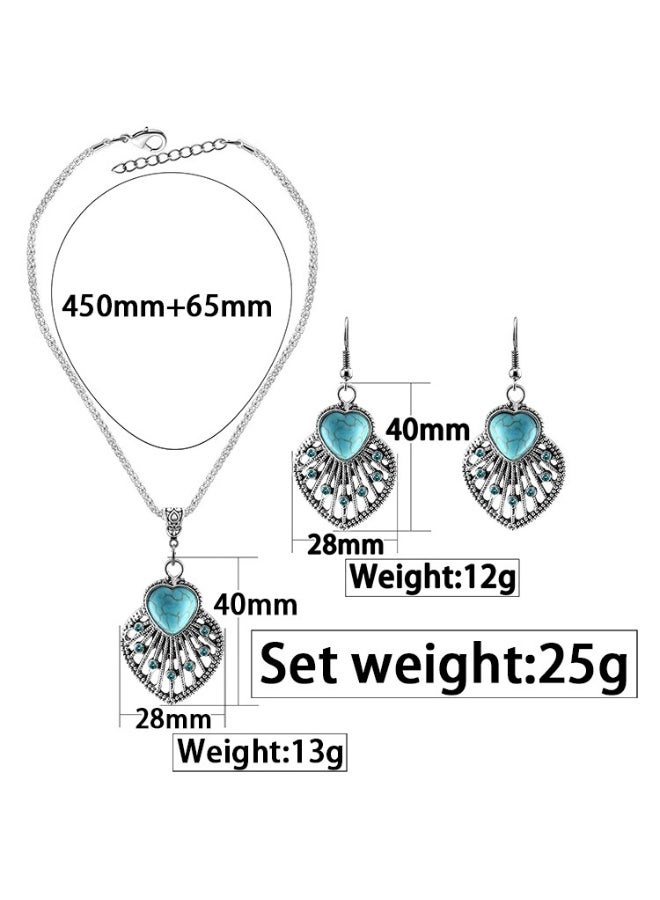 Goolsky Vintage Boho Leaf Pendant & Turquoise Earrings Set | Hollow Fan Shape Statement Jewelry - Image 2