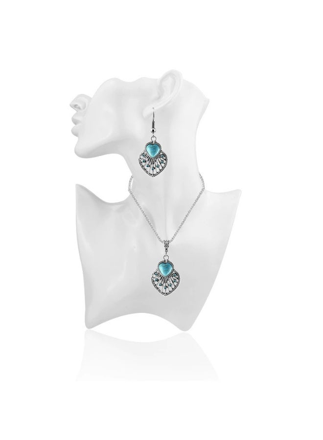 Goolsky Vintage Boho Leaf Pendant & Turquoise Earrings Set | Hollow Fan Shape Statement Jewelry - Image 5