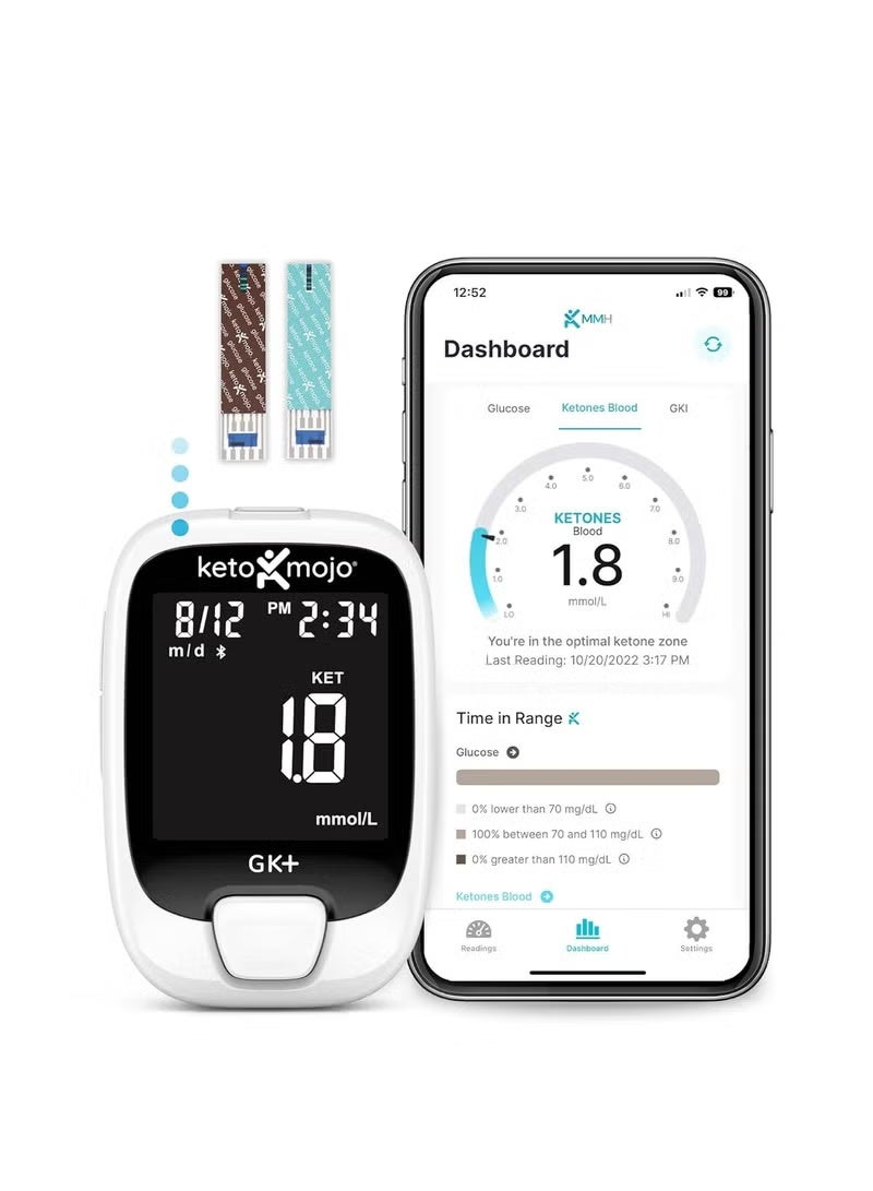 KETO-MOJO GK+ Bluetooth Glucose & Ketone Testing Kit + Free APP for Ketosis & Diabetes Management. 20 Blood Test Strips (10 Each), Meter, 20 Lancets, Lancing Device, and Control Solutions