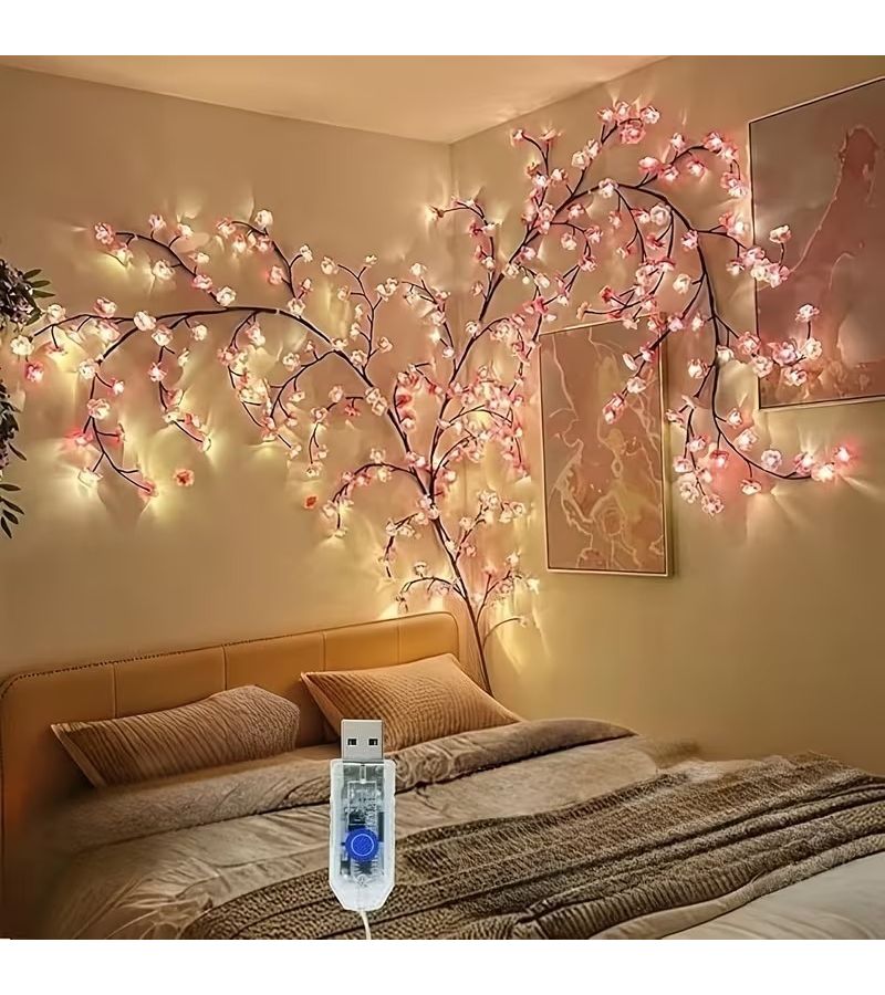 144 مصباح LED على شكل كرمة أزهار الكرز 72 مصباح LED و 72 زهرة كرز متوهجة، أضواء فرعية مرنة تعمل بالطاقة USB، 8 أوضاع وميض، أضواء ديكورية لأجواء داخلية، ضوء الساكورا المتسلق. - Image 2
