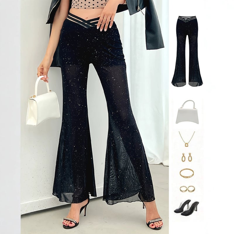 Women High Waist Sexy Mesh Flared Pants Summer Casual Loose Fit Trousers