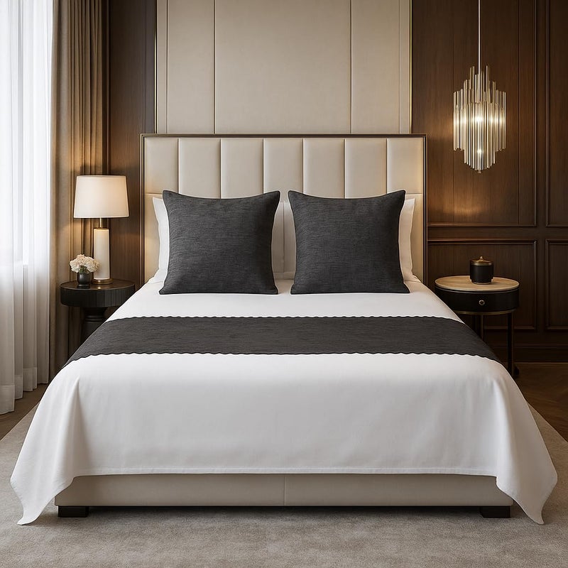 Décor Bed Runner Set with 2 Cushion Covers (16x16) – Hotel-Style, Colorfast & Machine-Washable – Fits Queen/King – Beige Leaf Motif (Pattern)