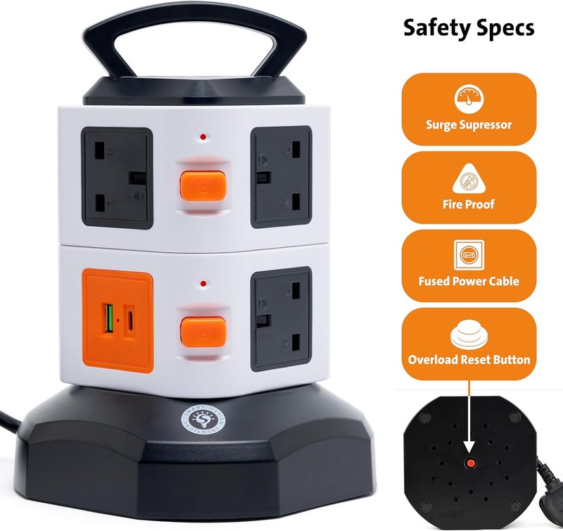 Smart Design Solutions Tower Extension Cord with USB | Multi Plug UK Power Strip Tower | 10m Cable | Surge Protector - Image 3