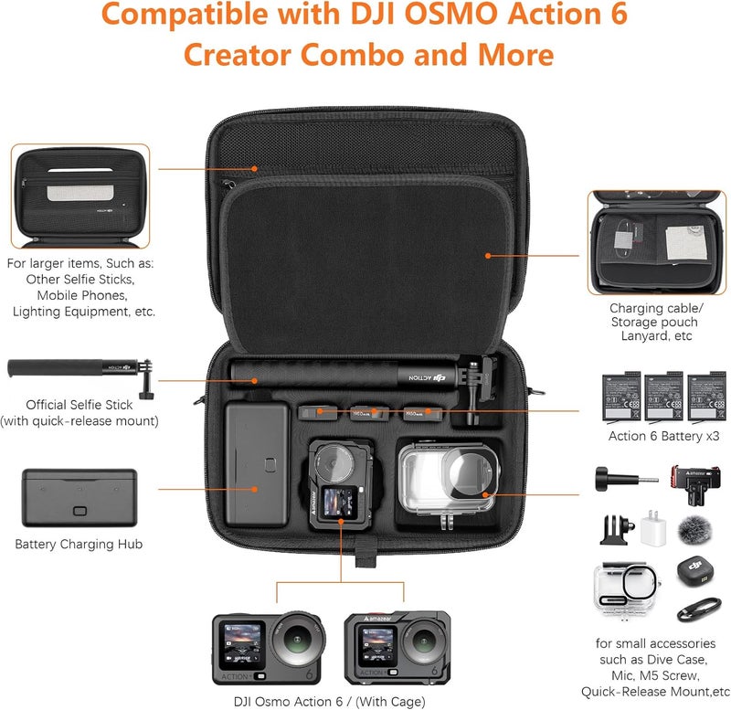 AMAZEAR Portable Carry Case for DJI Action 6, Shoulder Strap Hard Shell Travel Bag for DJI Osmo Action 6 Accessories, Compact Water-Resistant Organizer Case - Image 4