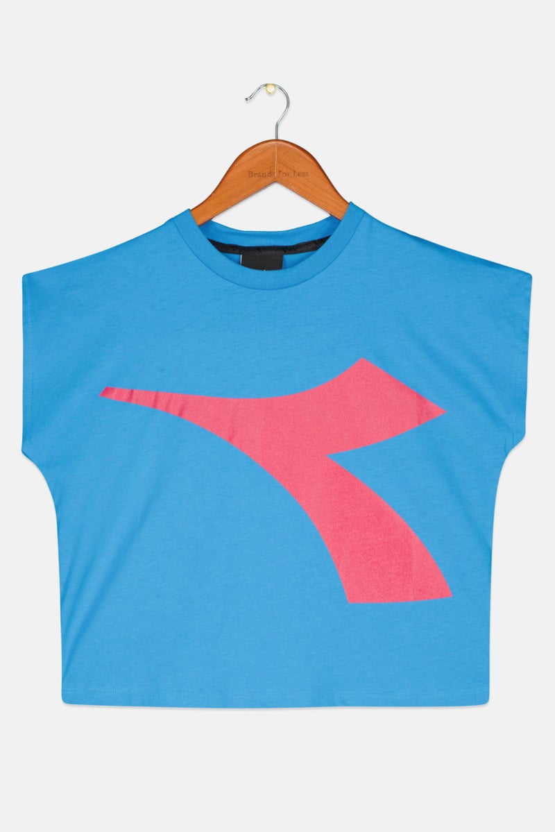 DIADORA Kids Girl Crew Neck Short Sleeve Brand Logo T-shirt, Blue - Image 1