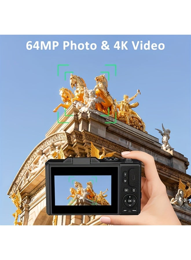 XiuWoo 64MP 4K HD Digital Camera 18X Digital Zoom 3 inch Flip Screen Professional Camera Support for Taking Photos, Recording Videos, Vlogging and Webcam Include 64GB TF Card for Beginners Black - Image 3