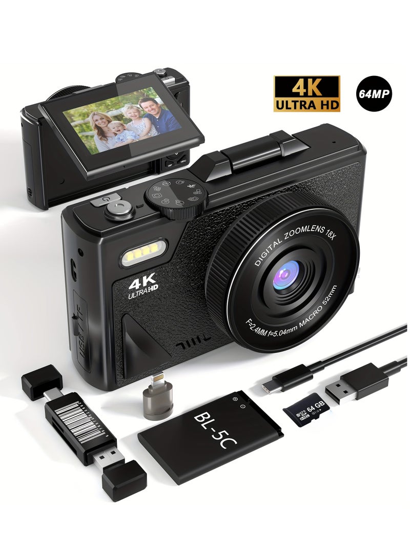 XiuWoo 64MP 4K HD Digital Camera 18X Digital Zoom 3 inch Flip Screen Professional Camera Support for Taking Photos, Recording Videos, Vlogging and Webcam Include 64GB TF Card for Beginners Black - Image 1