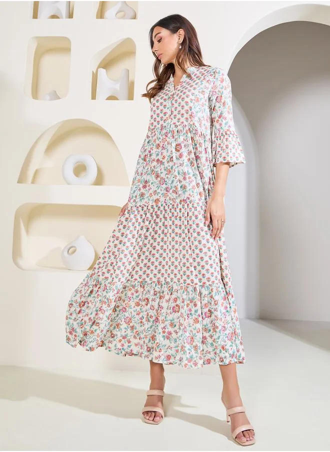 ستايلي Floral Print Mandarin Collar Tiered Maxi Dress