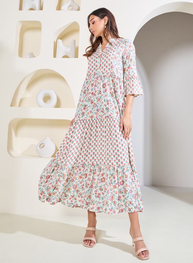 Styli All Over Print Notch Neck Maxi Dress with Bell Sleeves - Image 1