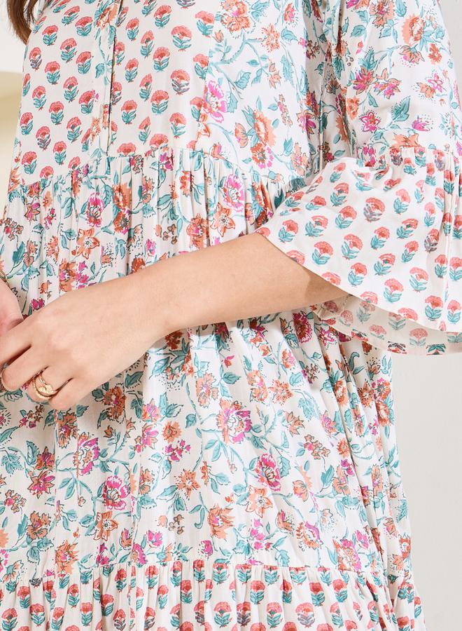 Styli All Over Print Notch Neck Maxi Dress with Bell Sleeves - Image 3