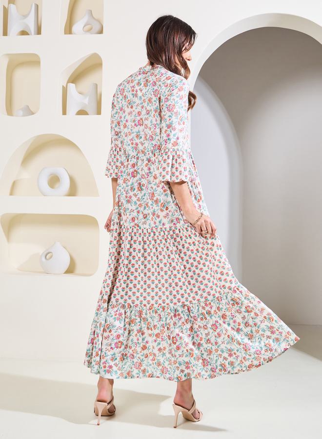 Styli All Over Print Notch Neck Maxi Dress with Bell Sleeves - Image 4