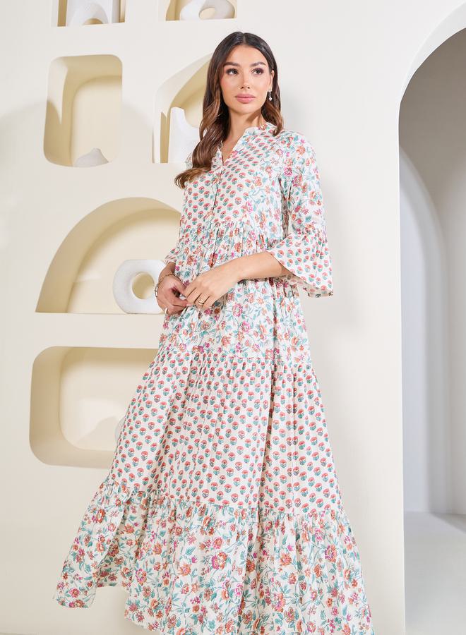 Styli All Over Print Notch Neck Maxi Dress with Bell Sleeves - Image 2