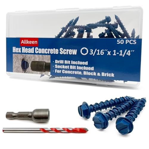 Allkeen 3/16" x 1-1/4" Hex Head Concrete Screws, Anchoring to Masonry, Brick, Block, Cement or Stucco, 50PCS - Image 1